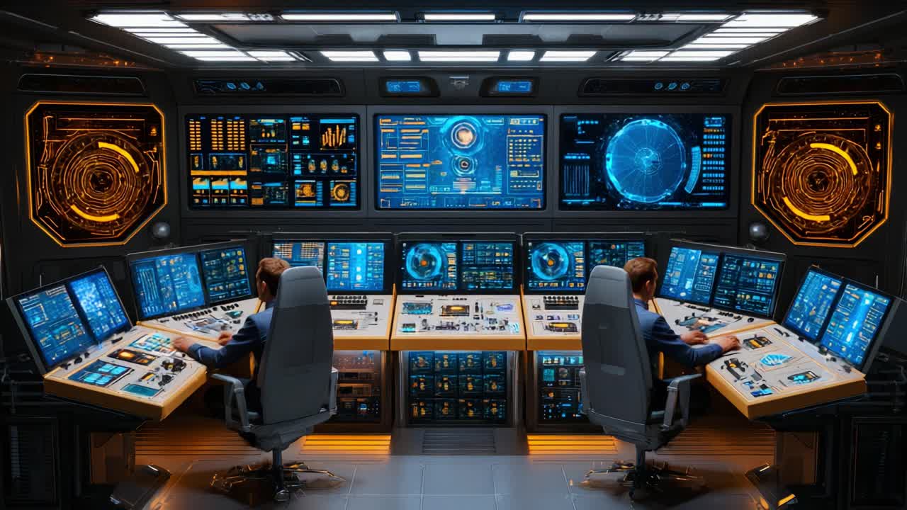 Futuristic Control Room with Advanced Technology: A Glimpse into a High-Tech Command Center Featuring Interactive Displays, Control Panels, and Spacious Workstations for Operators