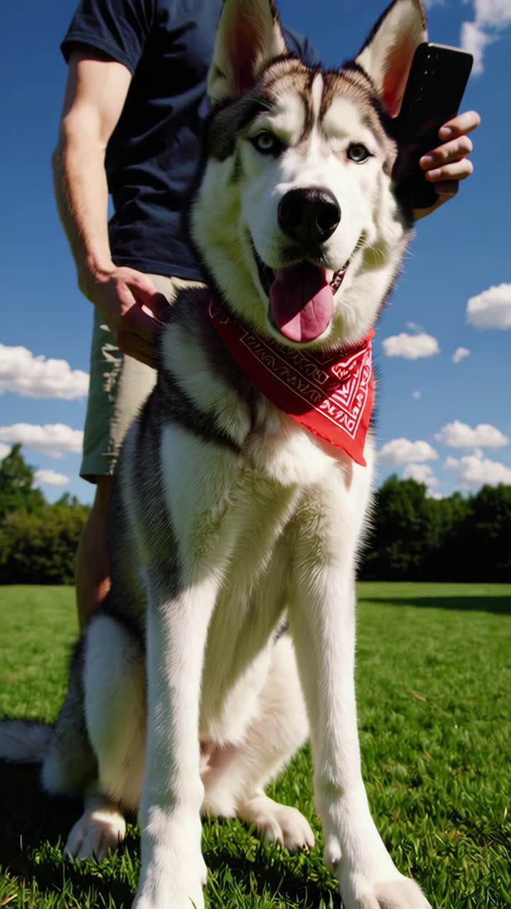 A happy husky dog with its owner in a sunny park