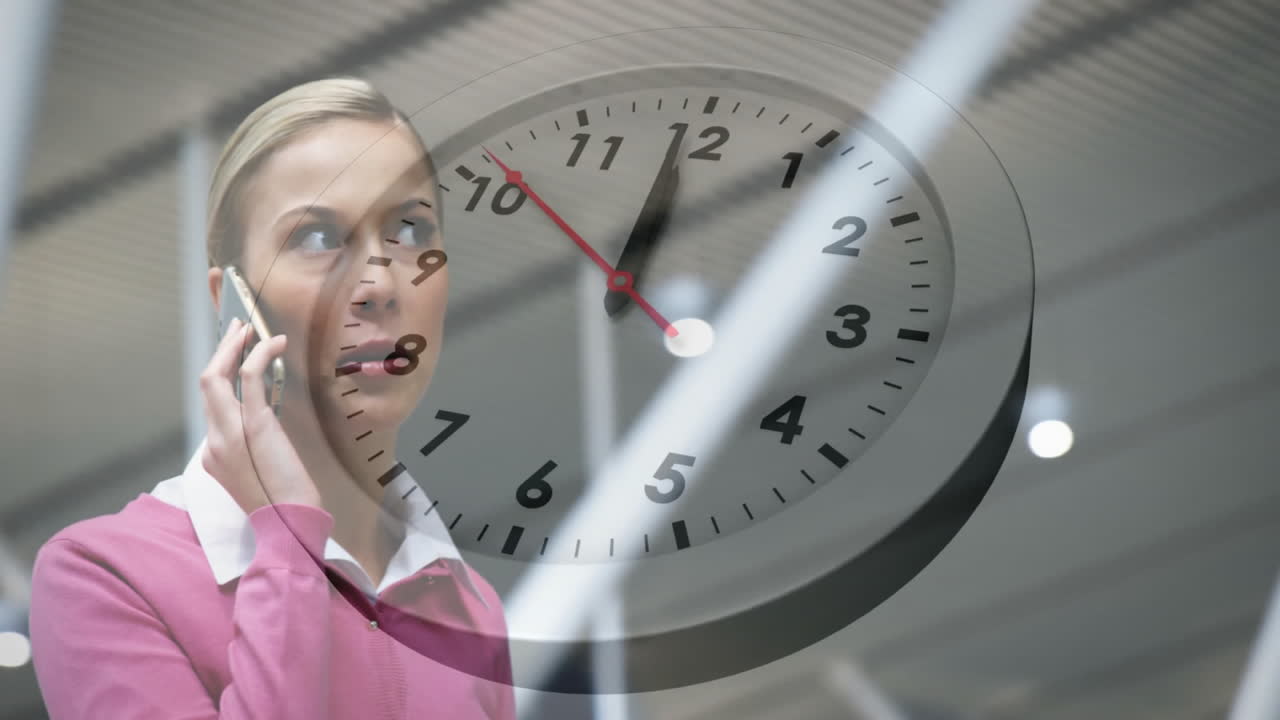 Talking on phone, woman standing over large clock face with animation