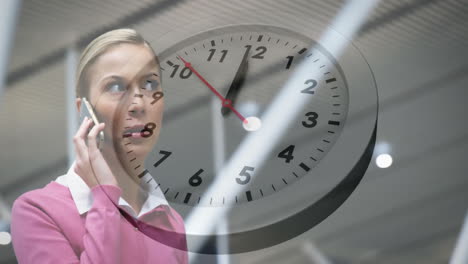 talking on phone, woman standing over large clock face with animation