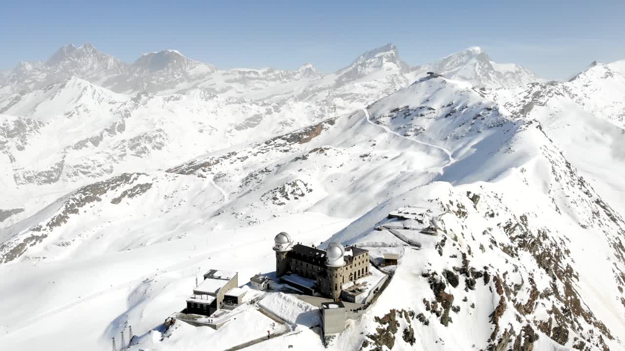 Aerial flyover with a full rotation around winter Gornergrat with views of Matterhorn, Gornergrat train station and hotel, Gorner glacier, Monte Rosa