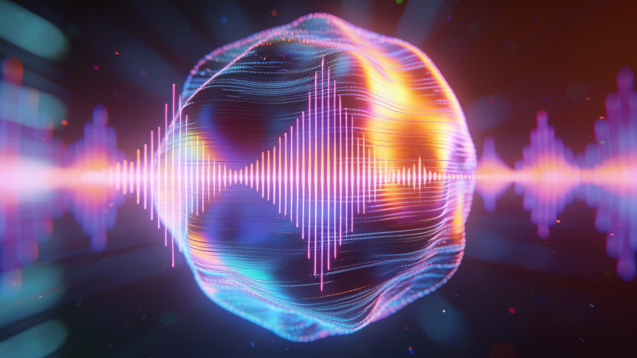 Pulsing central sphere reacting to rising horizontal waveform in dark studio, with equalizer bars