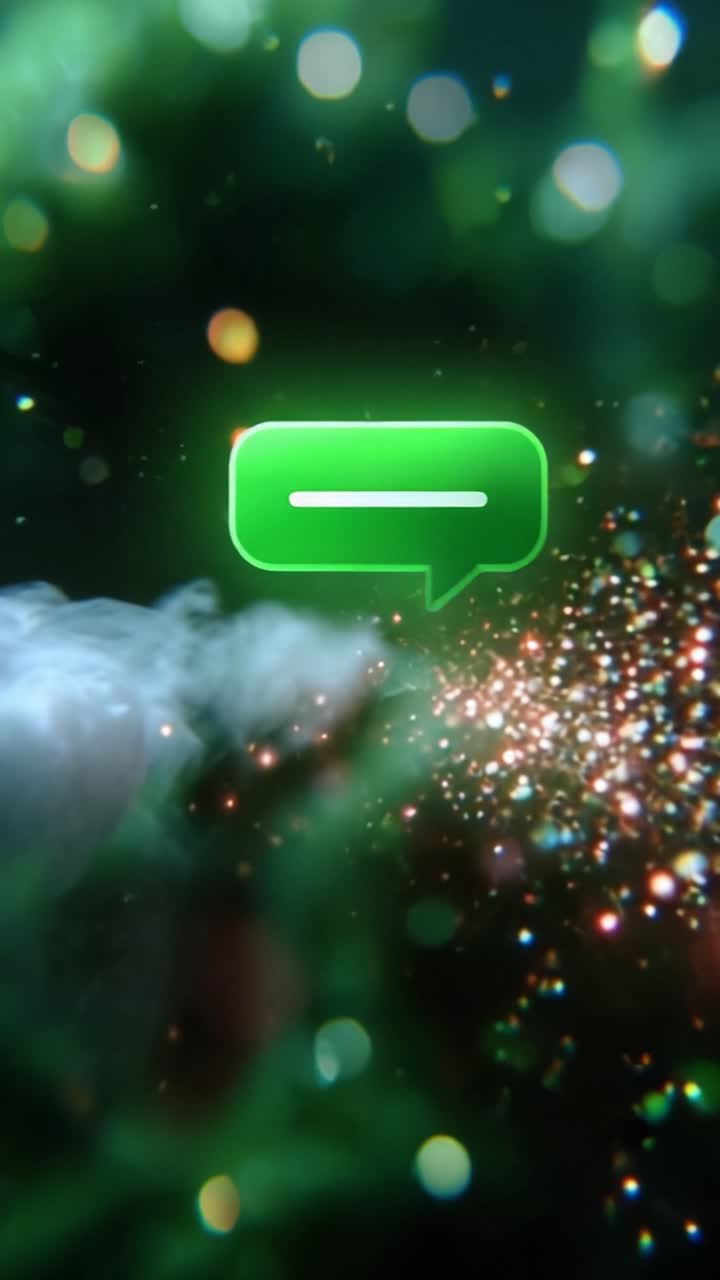 Un bagliore vibrante di una bolla di messaggio verde su uno sfondo scintillante di fumo e luce cosmici, creando un'atmosfera mistica di comunicazione digitale.