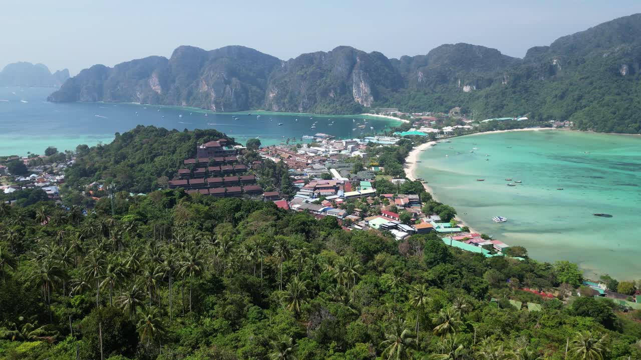Panoramic aerial view from Phi phi island viewpoint on sunny day