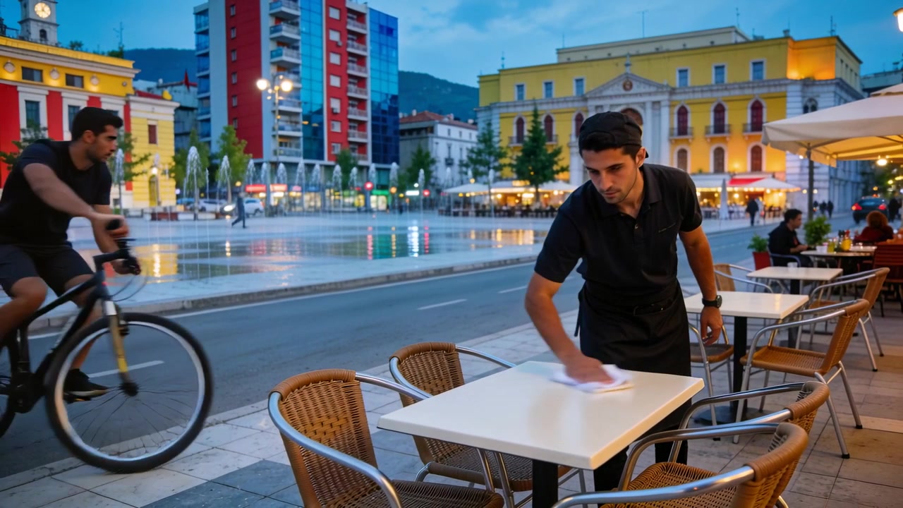 Reaching across waiter in black polo wiping table with cloth at terrace beside fountain, preparing