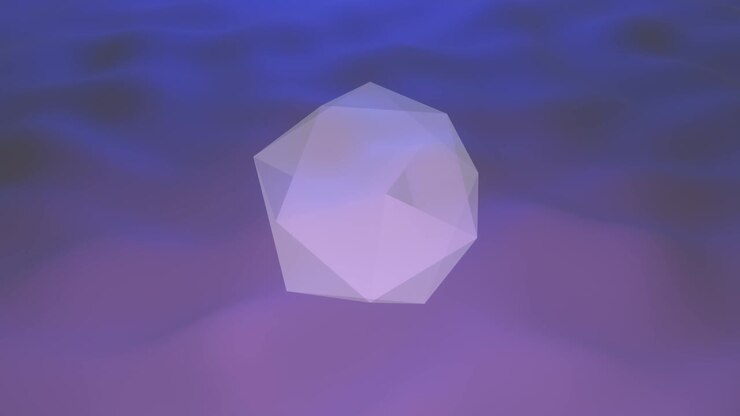 Transparent cube rotates and hovers above the surface with waves in neon colors