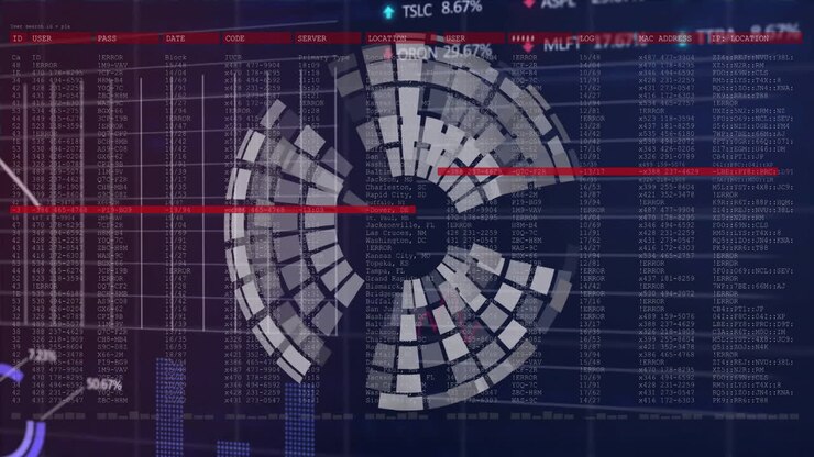 Animation of financial data processing with globe on black background