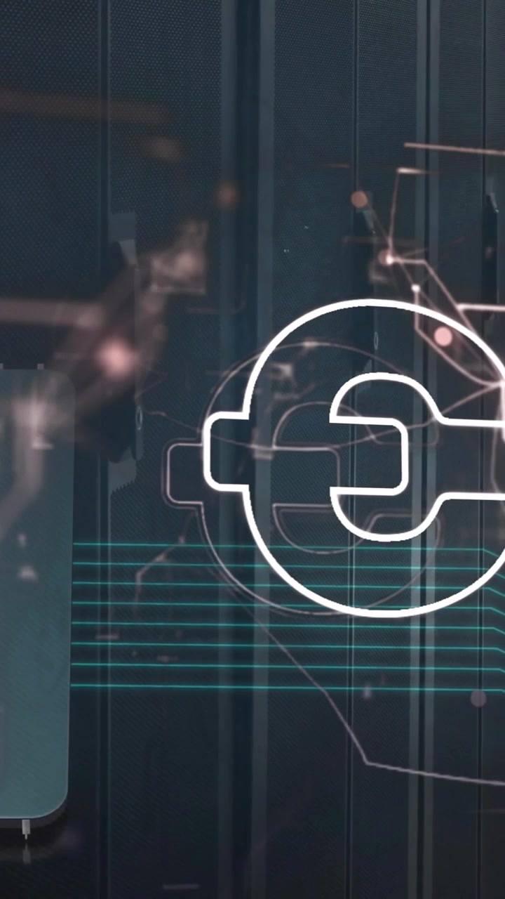 Animation of euro sign over network and data processing over computer servers