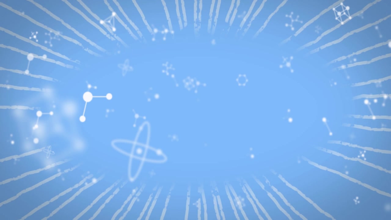 Scientific icons being animated in blue scene, with molecular node links and radial streaks