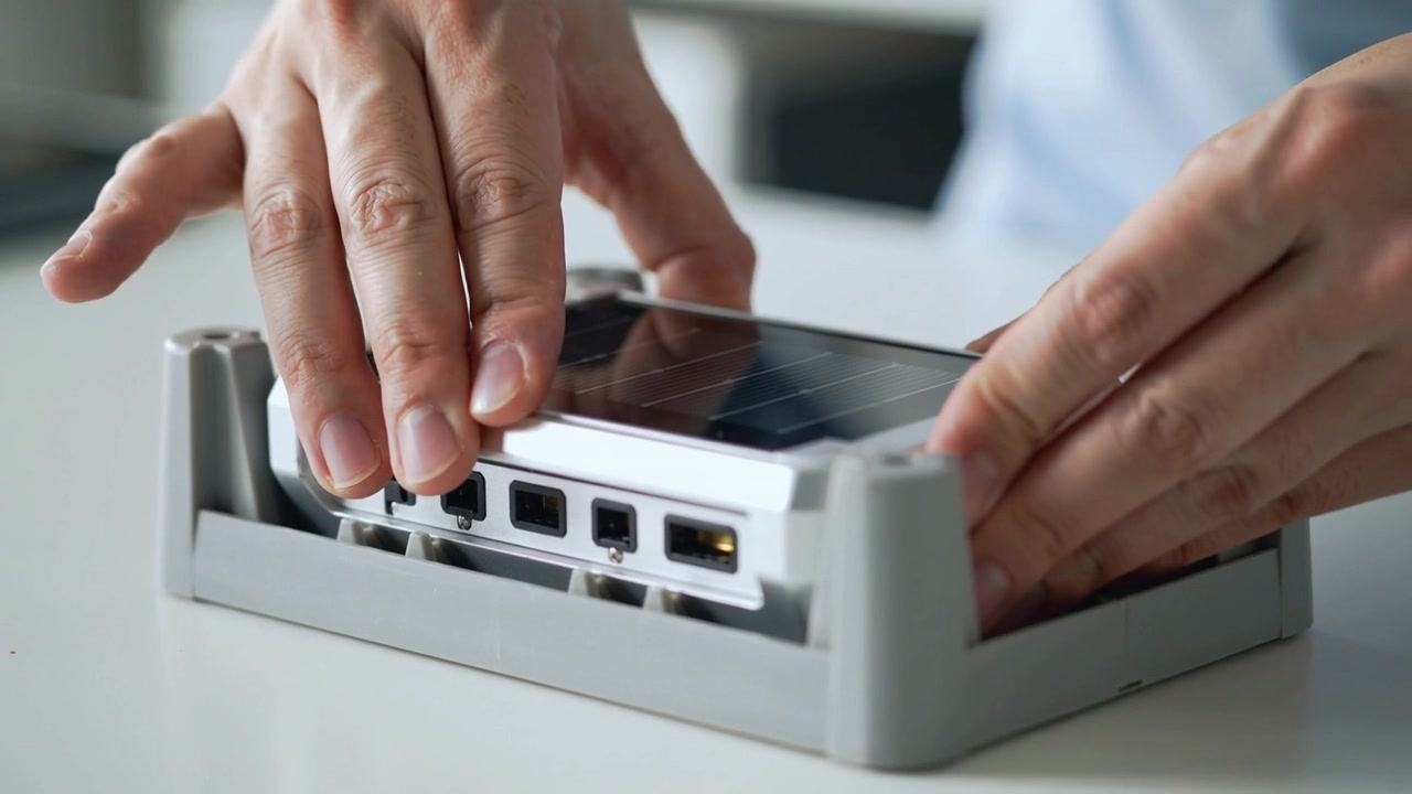 Bringing device, hands in blue shirt aligning solar ports with gray cradle on white table, charging