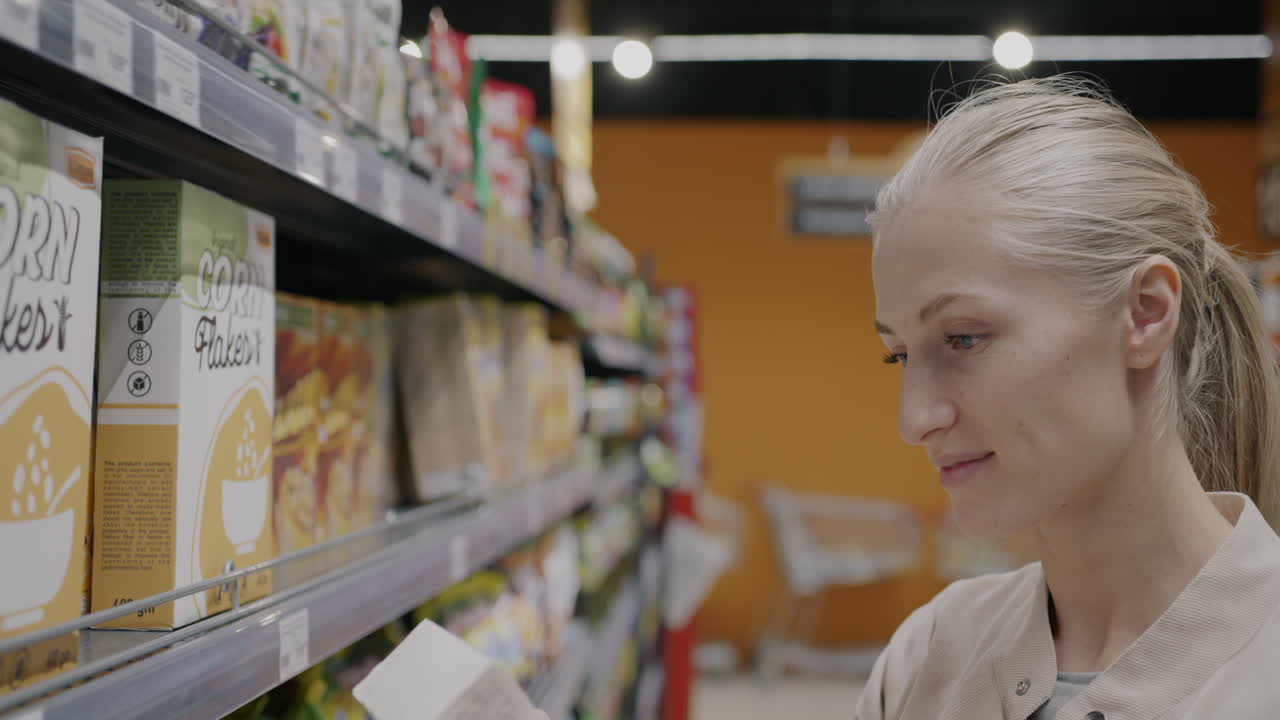 Woman Shopping for Cereal in a Grocery Store
