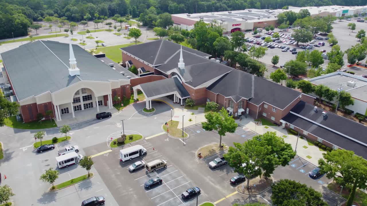 An orbiting drone shot of a church in North Charleston south Carolina