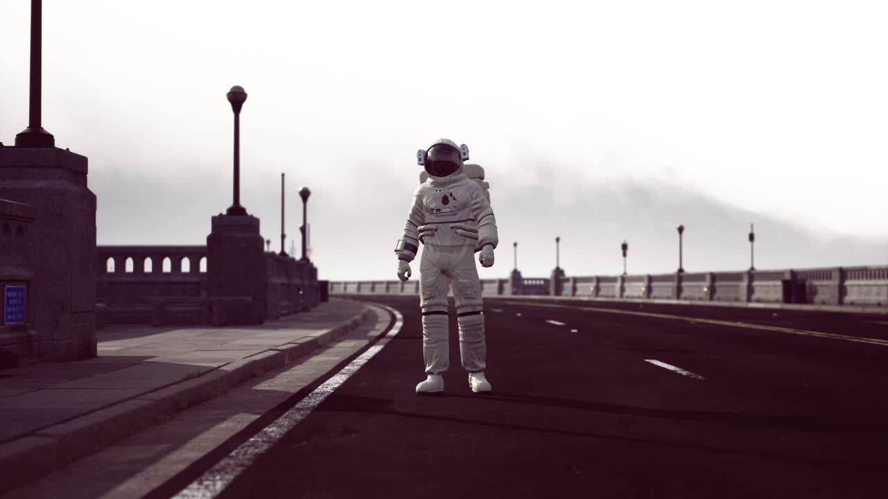 Astronaut walking on empty road near bridge during cloudy day