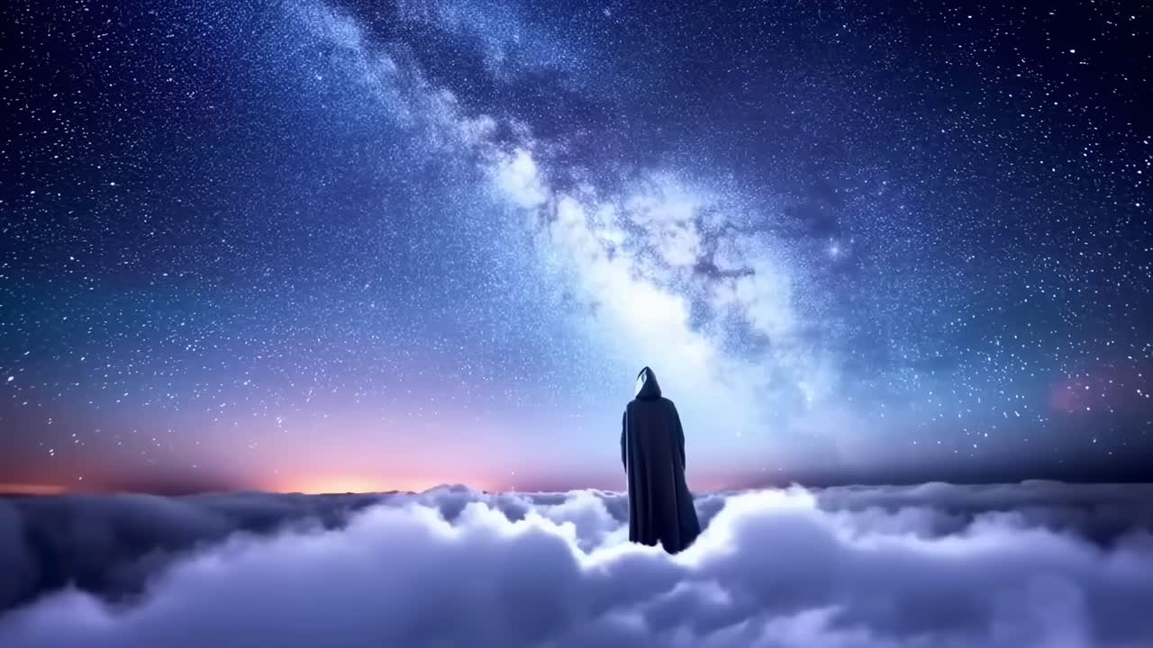 Una figura mística se alza sobre las nubes bajo un cielo estrellado, capturada desde un ángulo bajo, como una fantasía.
