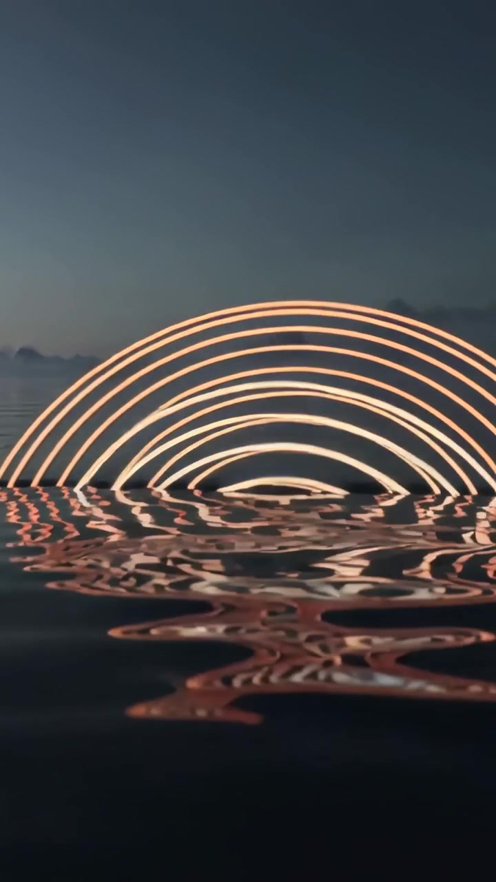 Vertical video: Timeline advancing, pulsing neon arches shifting hues mirroring on water at dusk