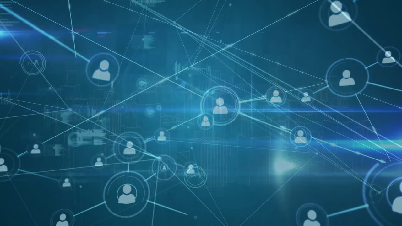 animación de la red de conexiones con iconos sobre fondo oscuro