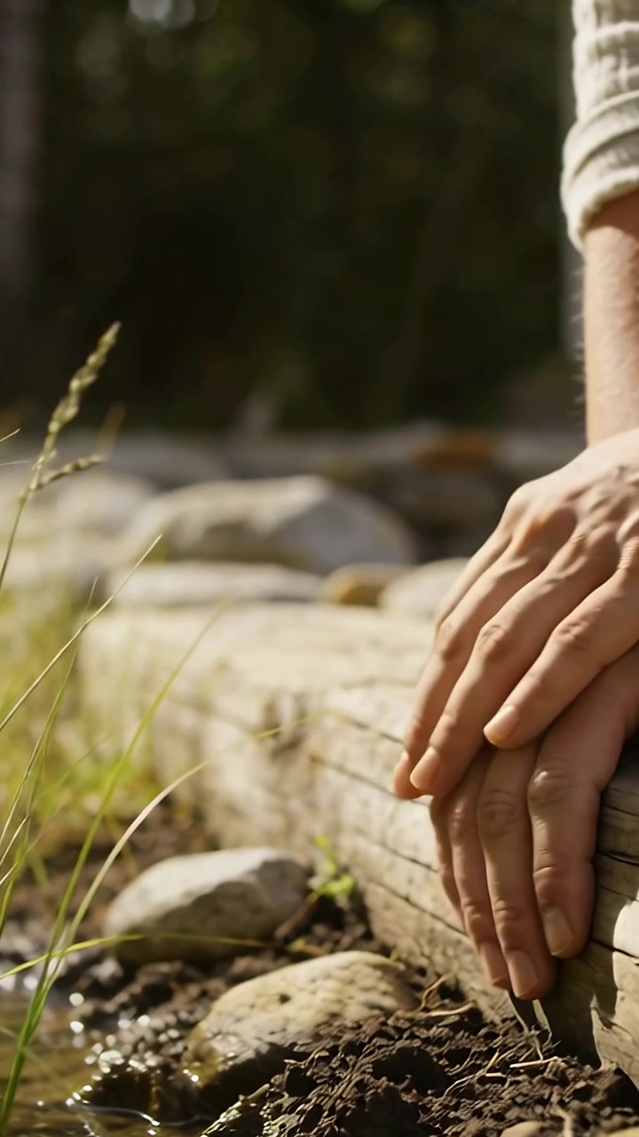 Vertical video: Reaching right hand, hands brushing grass, skimming pond by log for calm, light top