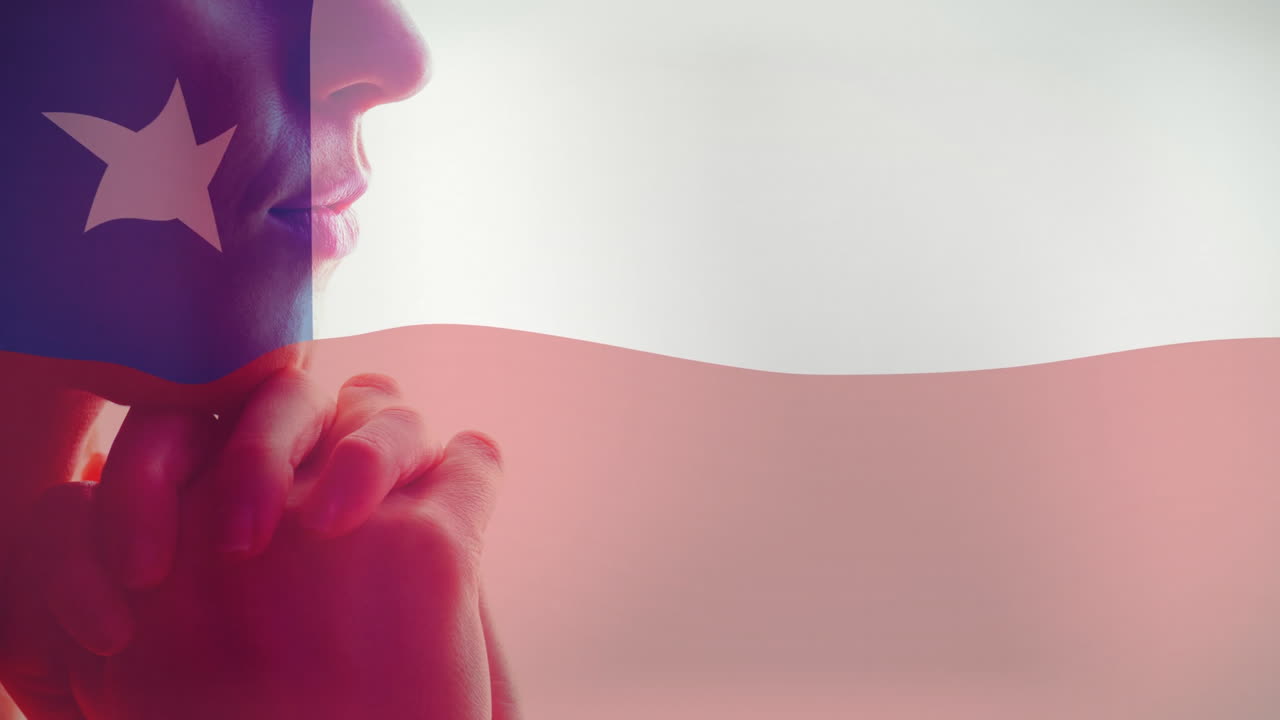 Animation of Chilean flag overlaying thoughtful person clasping hands under chin