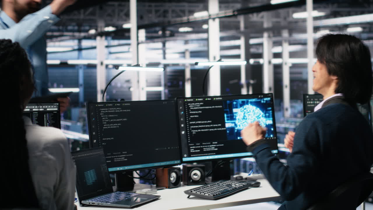 Delighted Team In Data Center Celebrating Finishing Neural Network Development