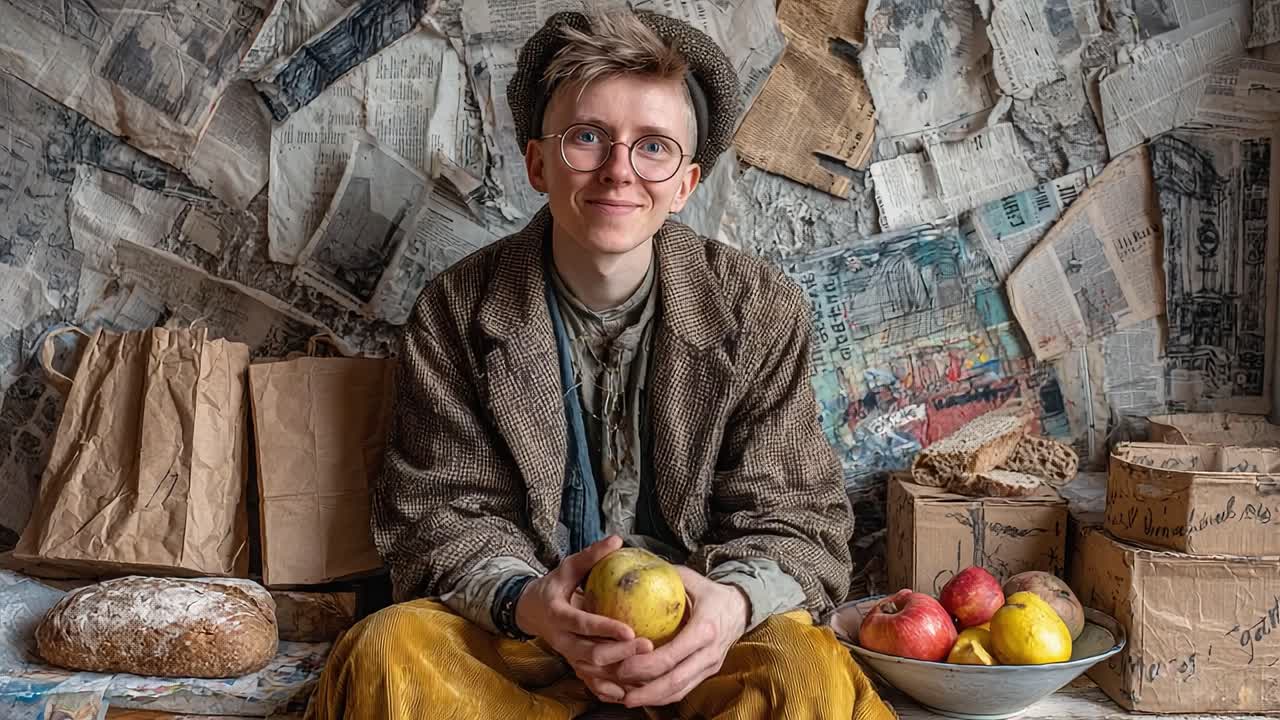 A Young Person Seated Amidst Vintage Newsprint with Apples, Bread, and Other Surprising Objects, Capturing a Moment of Curiosity and Reflection in a Unique Setting