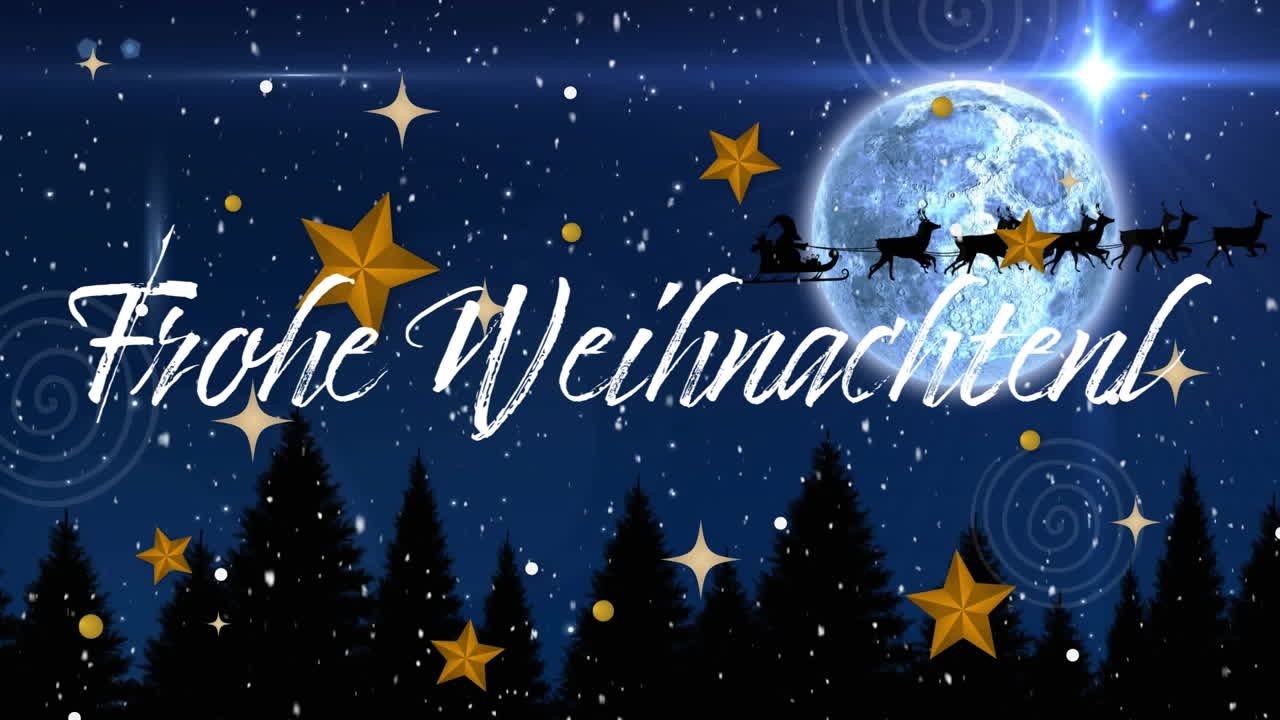 Animation von fallendem Schnee und Weihnachtsmann im Schlitten über dem Text „Frohe Weihnachten“