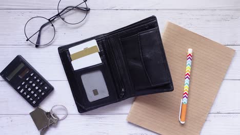 credit cards in a wallet on wooden background