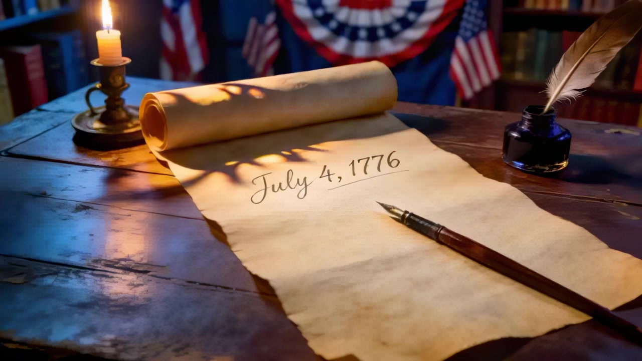 Highlighting parchment dated July 4, 1776, candle flickering, camera pushing in study with dip pen