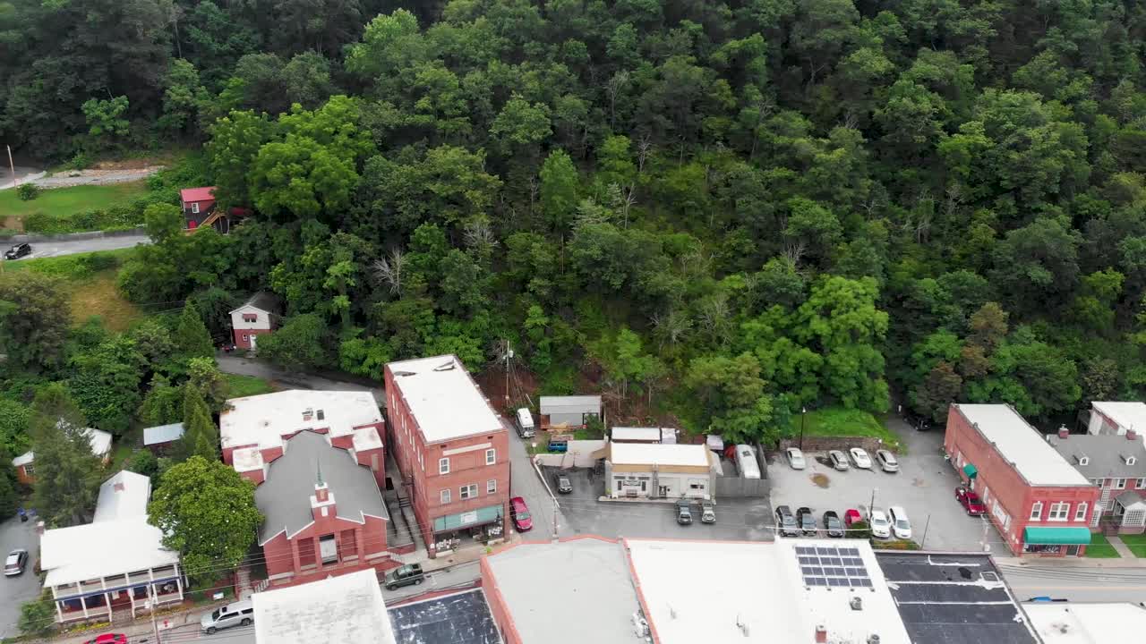4K Aerial Drone Video of Businesses on Main Street in Historic Downtown Marshall, NC (2021)