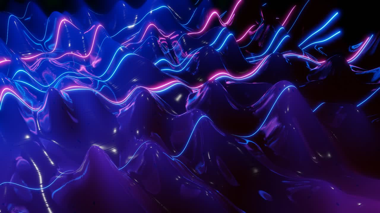 абстрактная 3d-поверхность с красивыми волнами, светящимися блесками и ярким цветовым градиентом синий фиолетовый и светящиеся линии. волны работают на очень блестящей, глянцевой поверхности с блестящим блеском.