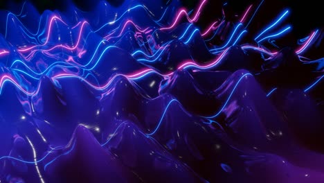 superficie 3d abstracta con hermosas olas, chispas luminosas y gradiente de color brillante azul púrpura y líneas de brillo. las olas corren en una superficie muy brillante y brillante con brillo brillante. animación en bucle 4k