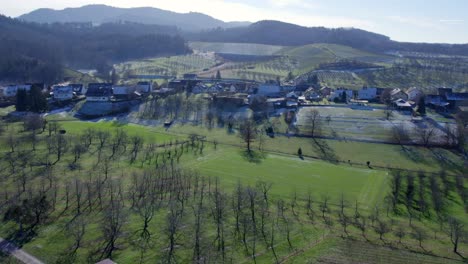 Aerial-view-of-countryside-and-village-of-Nesselried,-Germany