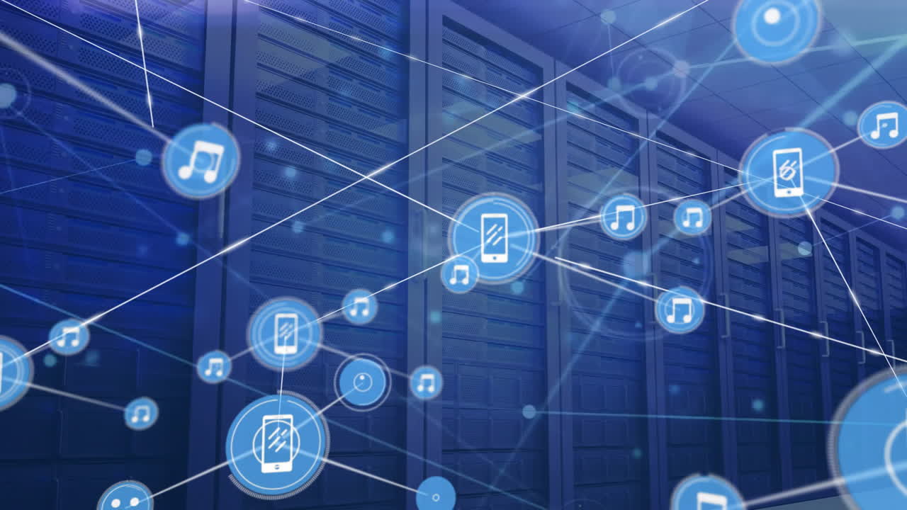 Animation of network of connections with icons and data processing over computer servers