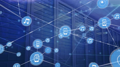 Animation-of-network-of-connections-with-icons-and-data-processing-over-computer-servers