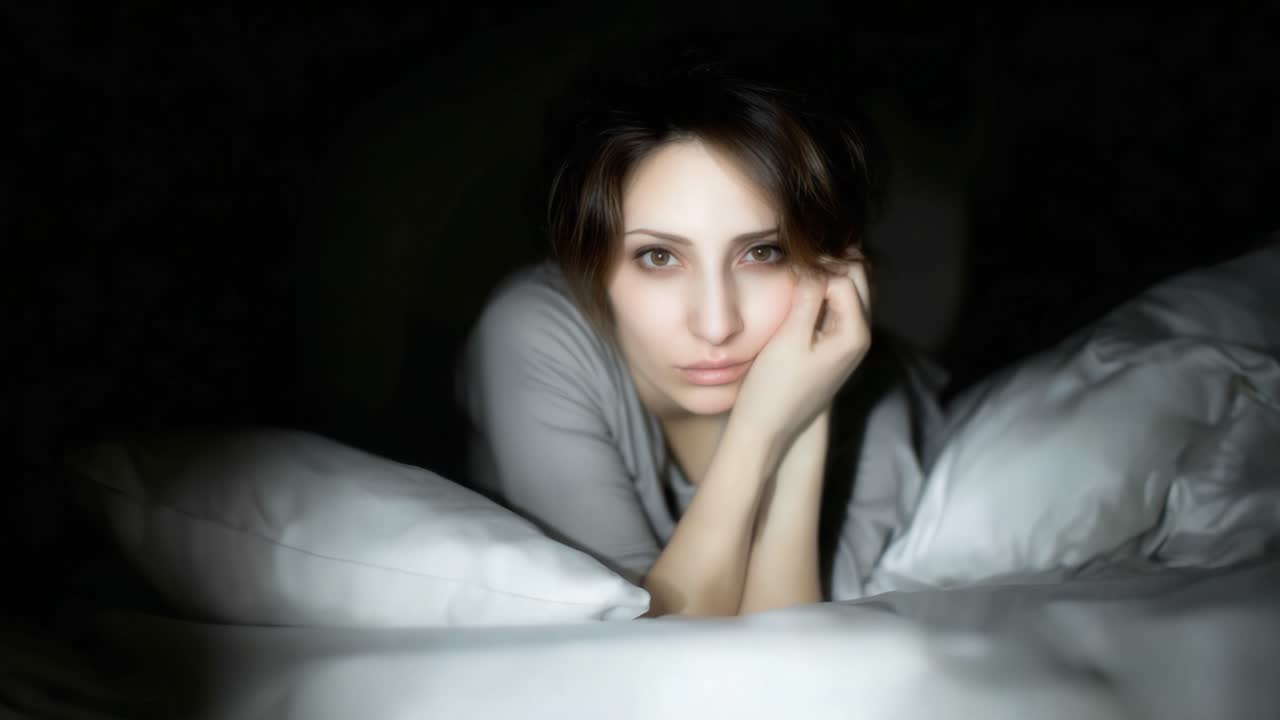 A contemplative figure resting on a bed surrounded by soft pillows, with a focus on introspection and emotion, highlighted by the gentle play of light and shadow