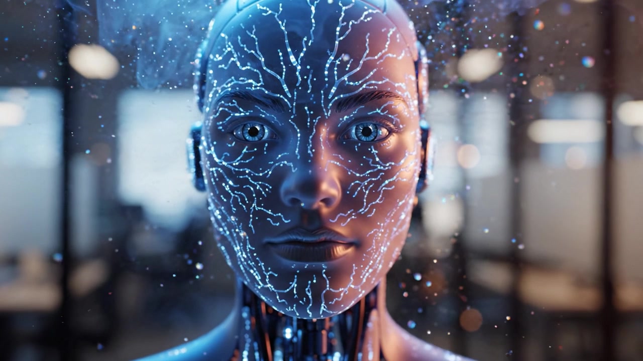Un robot umanoide futuristico con intricati schemi di circuiti luminosi che rappresentano una tecnologia AI avanzata e interazione digitale in un ambiente di lavoro moderno.
