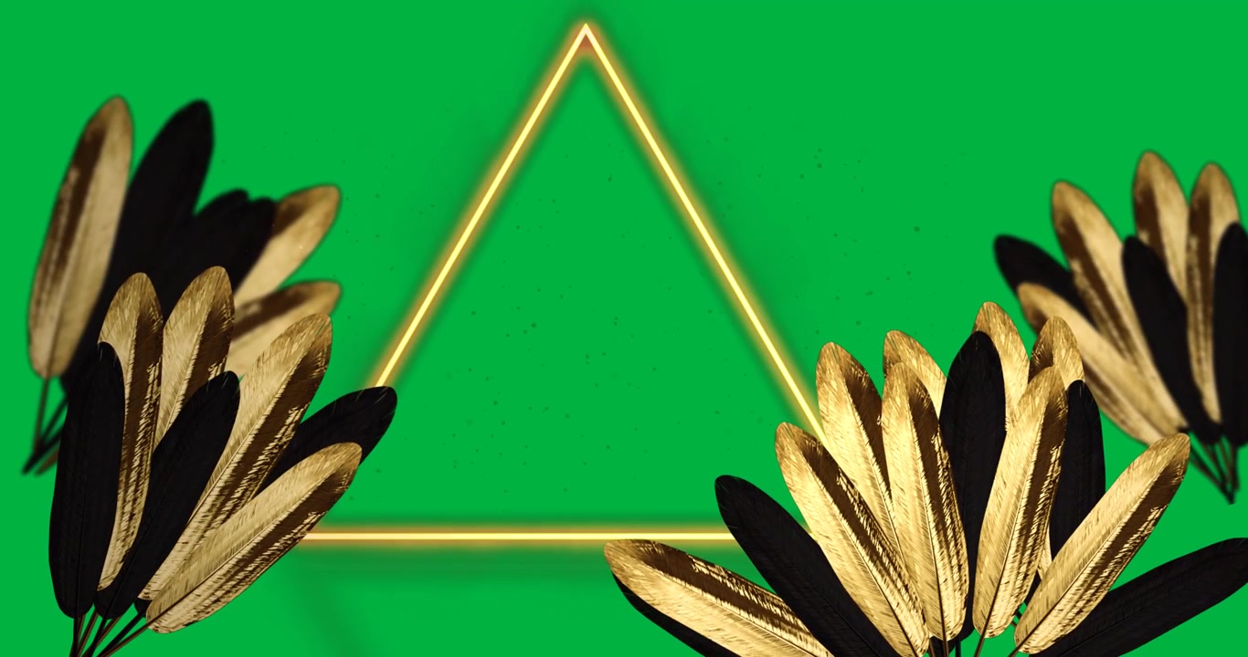 Animation of gold tropical leaves with yellow neon triangle on transparent background