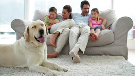 Süße-Familie-Entspannt-Zusammen-Auf-Der-Couch-Mit-Ihrem-Hund-Auf-Dem-Teppich