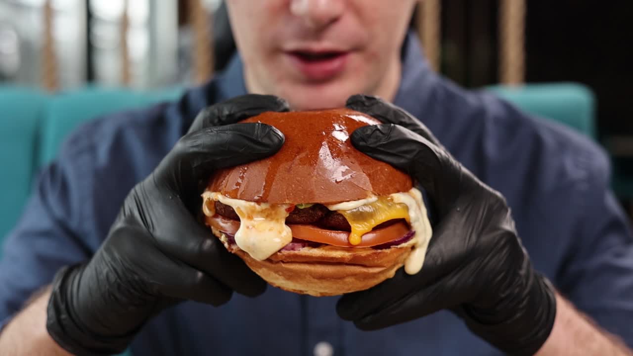 맛있는 햄버거를 먹는 사람