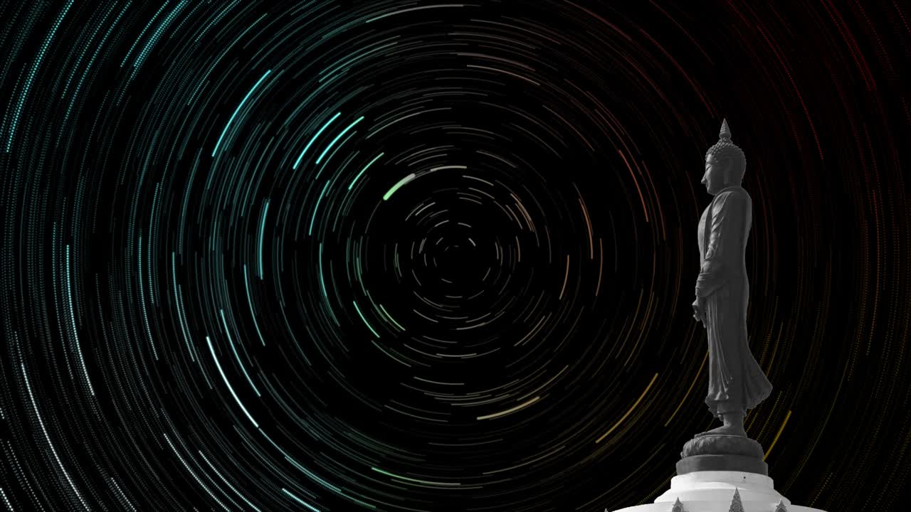 하늘 위의 별의 흔적은 부처가 일곱 일 스타일을 바라보는 뒤로 돌아갑니다.