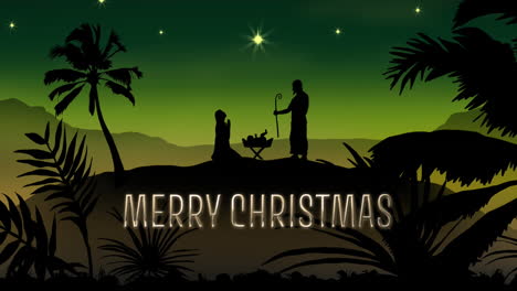 animation of merry christmas text over nativity scene on green background