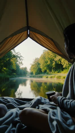 morning coffee and serene river views from a tent