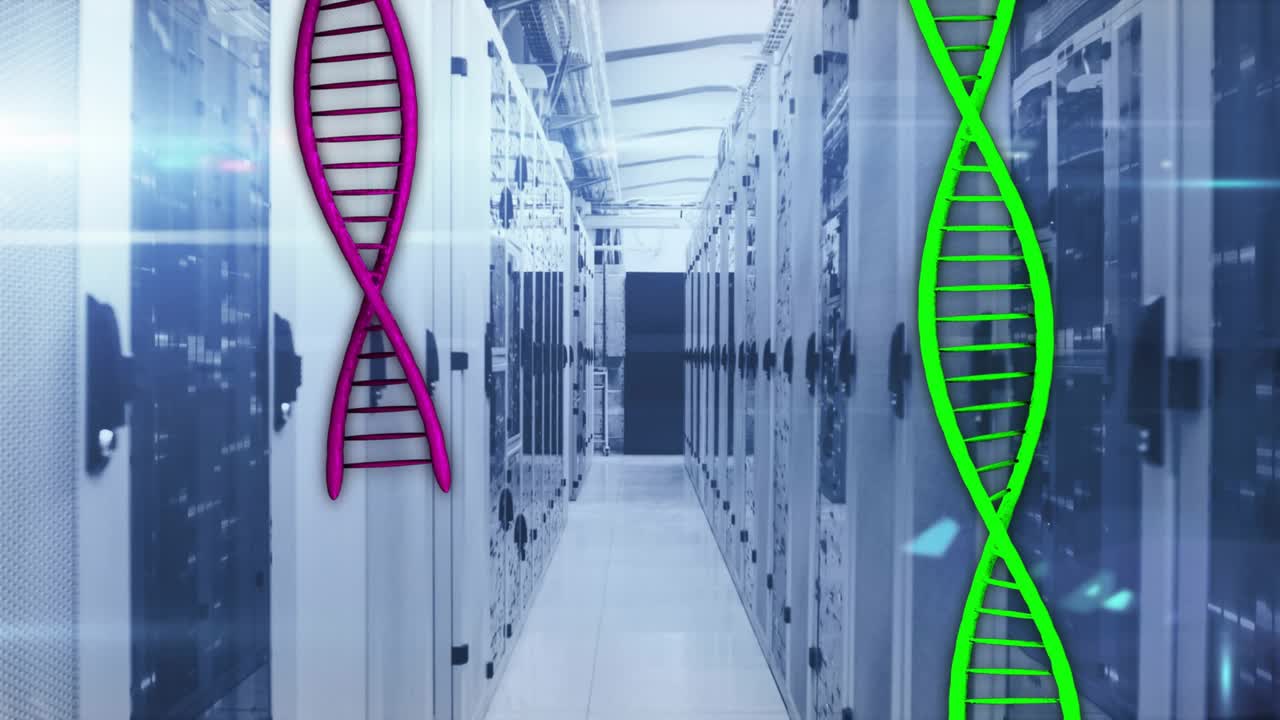 On start flares sweeping server racks, colored helices descending and ascending to show data flow