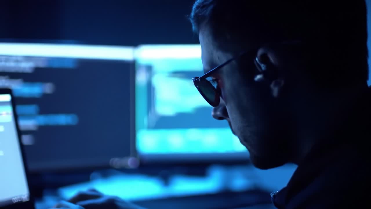 A focused programmer immersed in coding, illuminated by blue light, showcasing a high-tech workstation filled with multiple computer screens and complex code. A glimpse into the world of programming