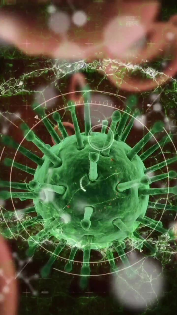 Animation af digital hjerne og databehandling over virus og blodceller.
