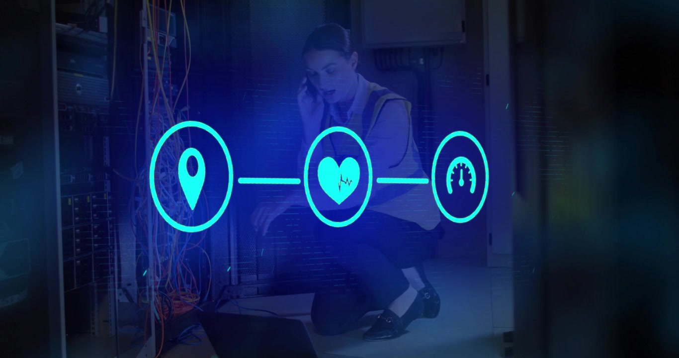 Engineer kneeling servers grabbing phone typing animating pin heart gauge icons for network health