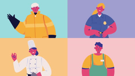 four professionals workers characters animation