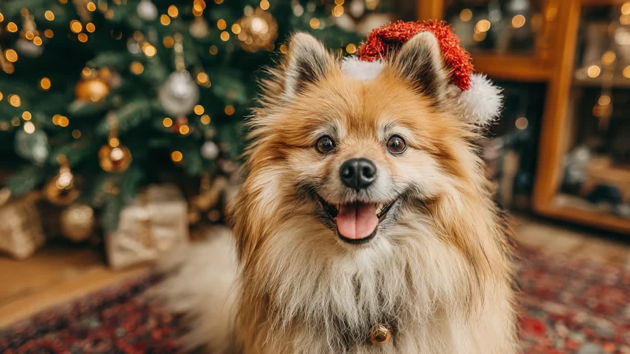 A Cheerful Pomeranian Dog Wearing a Santa Hat Smiling Brightly in Front of a Beautifully Decorated Christmas Tree with Twinkling Lights and Festive Ornaments