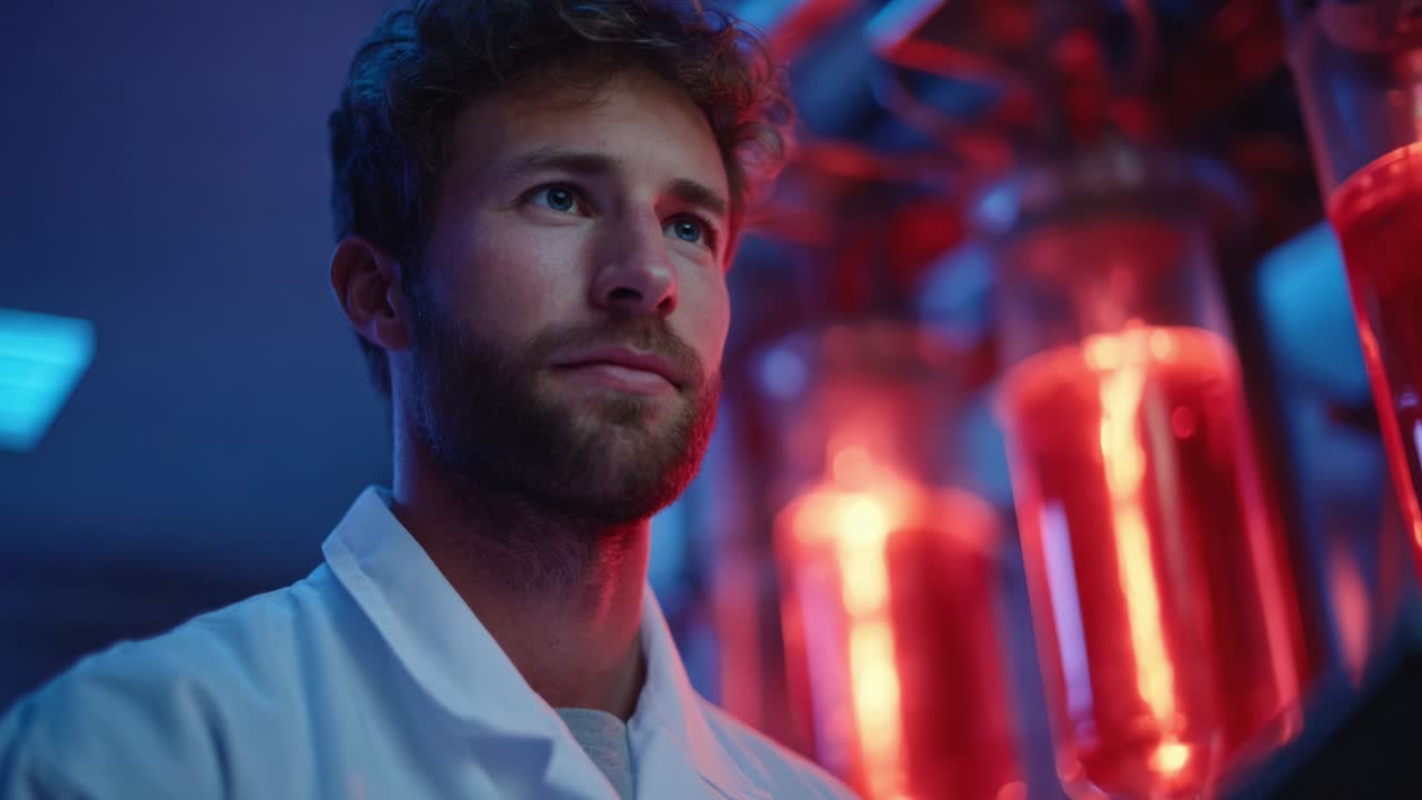 A focused researcher observes illuminated laboratory specimens, immersed in a vibrant atmosphere of colored lights, contemplating significant scientific discoveries in a high-tech environment filled with advanced equipment