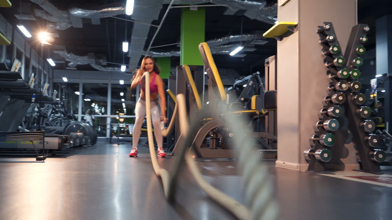 Front view of a happy healthy female doing exercises with the ropes in the gym. Young athletic girl in sportswear flexing muscles with two long cables