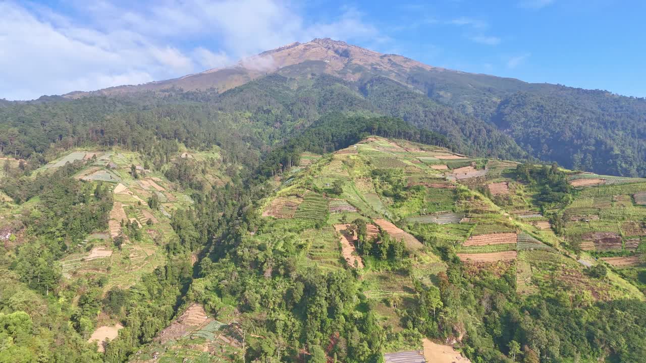 Mount Sumbing on sunny warm day, aerial view